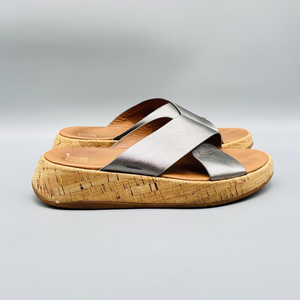 Fitflop Metallic Silver Cork Wedge Slide Sandals